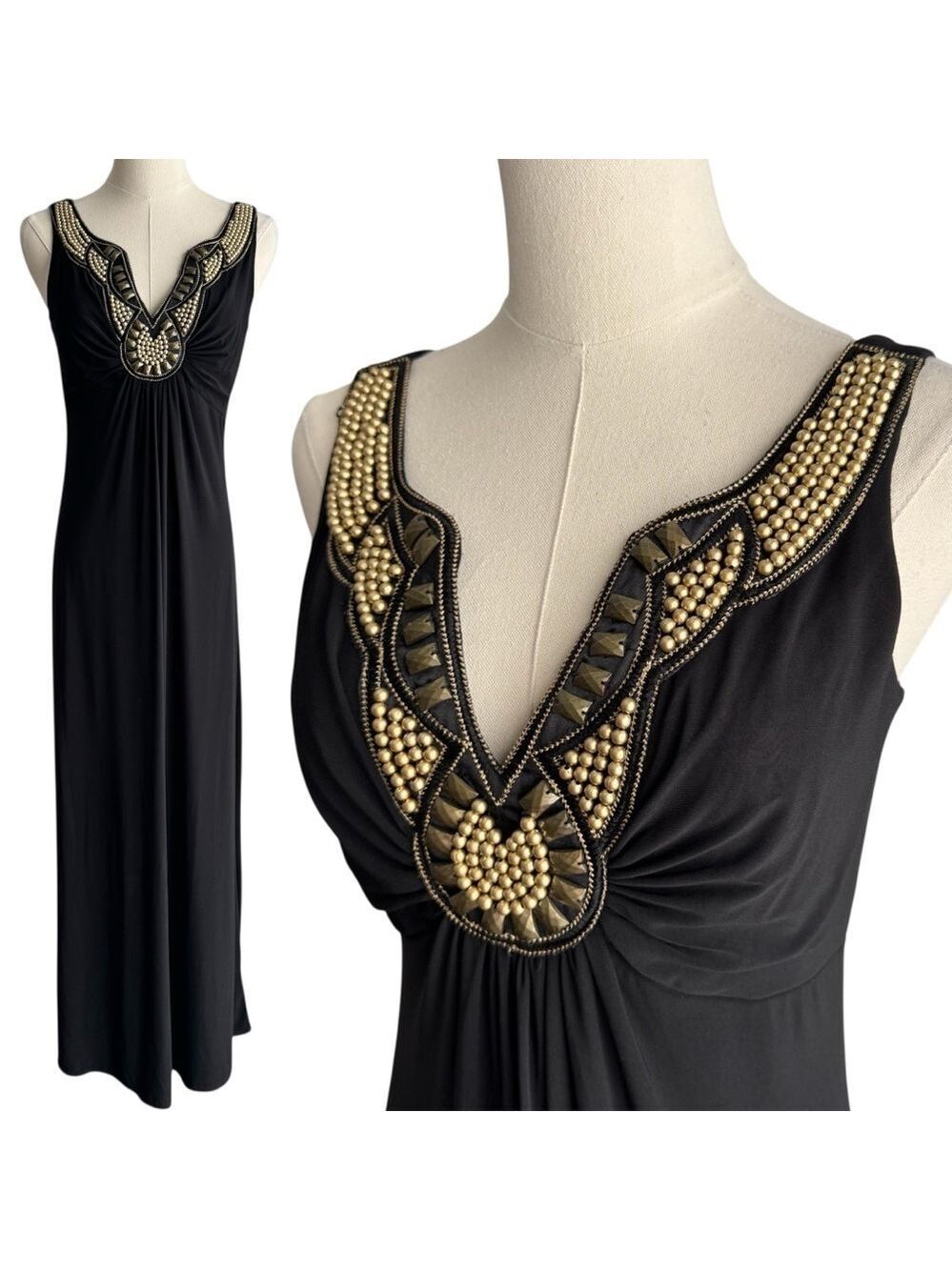 Black Beaded Maxi Dress Sz 2 XS Sleeveless V-Neck Boho Glam Evening Gown Party